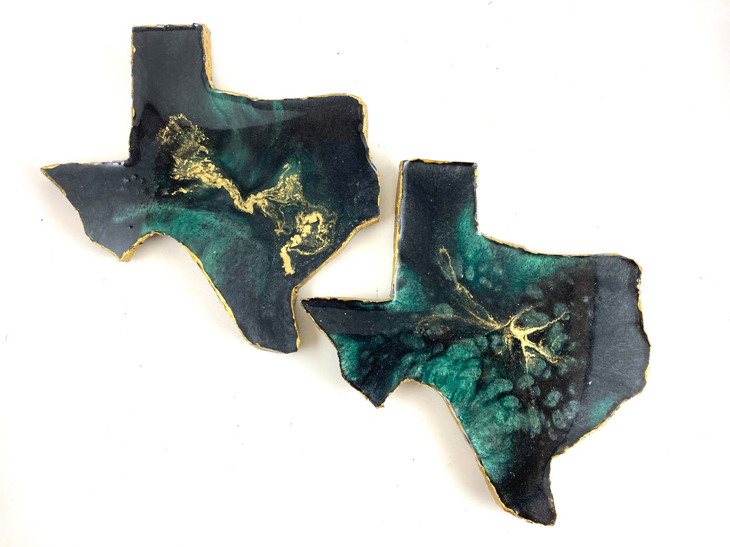 Texas Shaped Coasters in Emerald Green and Black with Gold Accents