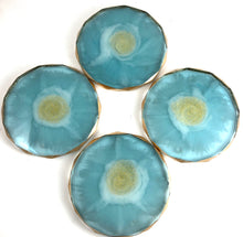 Load image into Gallery viewer, Rhombus Edge Coasters tinged with Clear Blue, White, with Gold Accents
