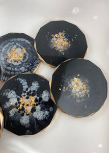 Rhombus Edge Set of Six Coasters in Black and White with Gold Accents and Trim