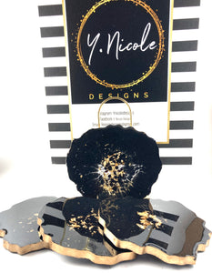 Geode Shaped Coasters in Black with Gold Trim