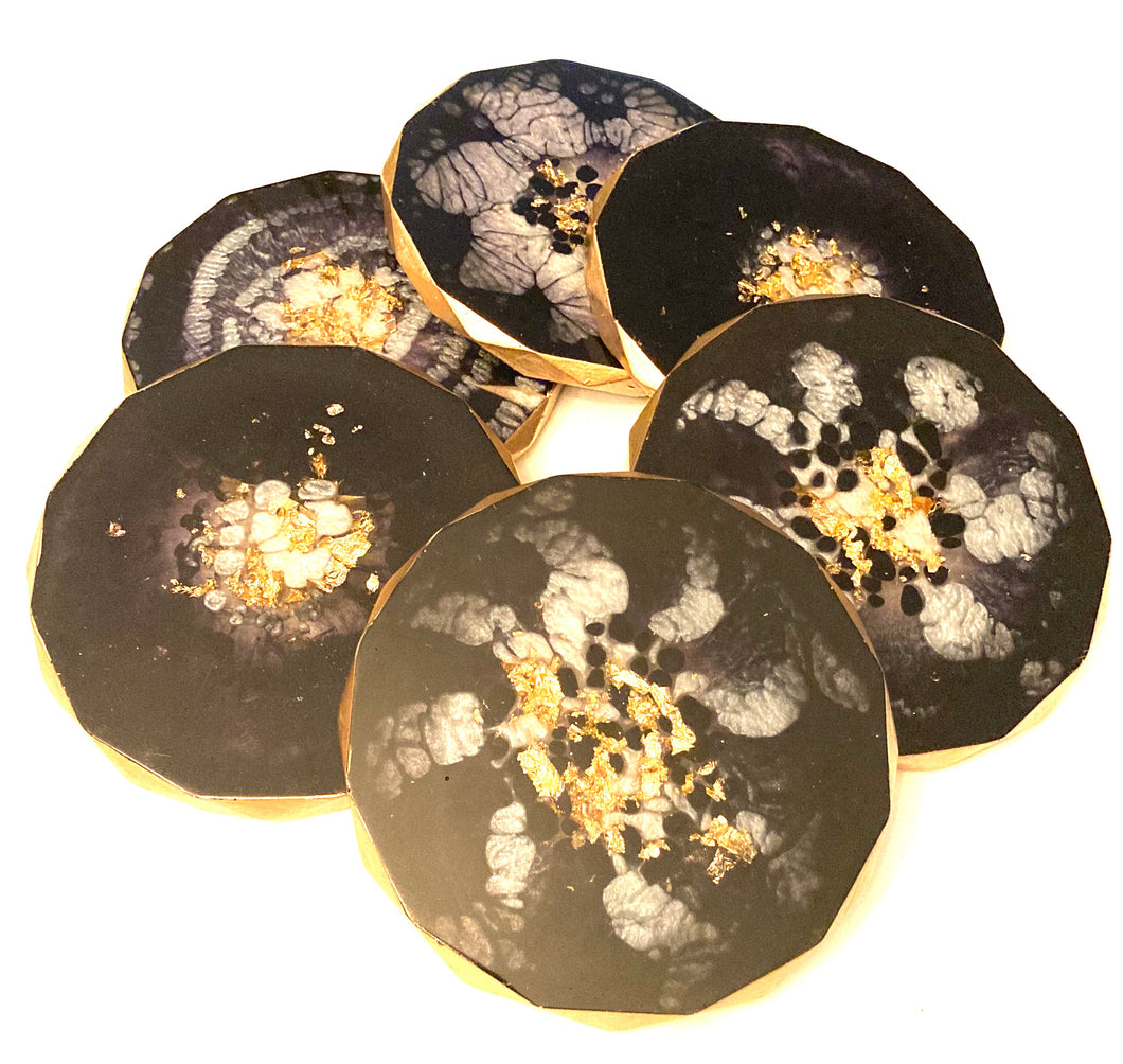 Rhombus Edge Set of Six Coasters in Black and White with Gold Accents and Trim