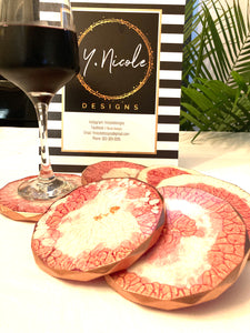 Rhombus Shaped Coasters in Blush and White with Rose Gold Accents and Rose Gold Trim