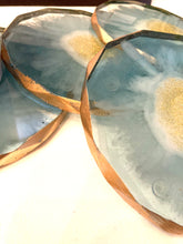 Load image into Gallery viewer, Rhombus Edge Coasters tinged with Clear Blue, White, with Gold Accents
