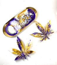 Load image into Gallery viewer, Y.N. 3 Piece Rolling Tray and Two Coasters in Purple, Yellow, and White.
