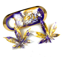 Load image into Gallery viewer, Y.N. 3 Piece Rolling Tray and Two Coasters in Purple, Yellow, and White.
