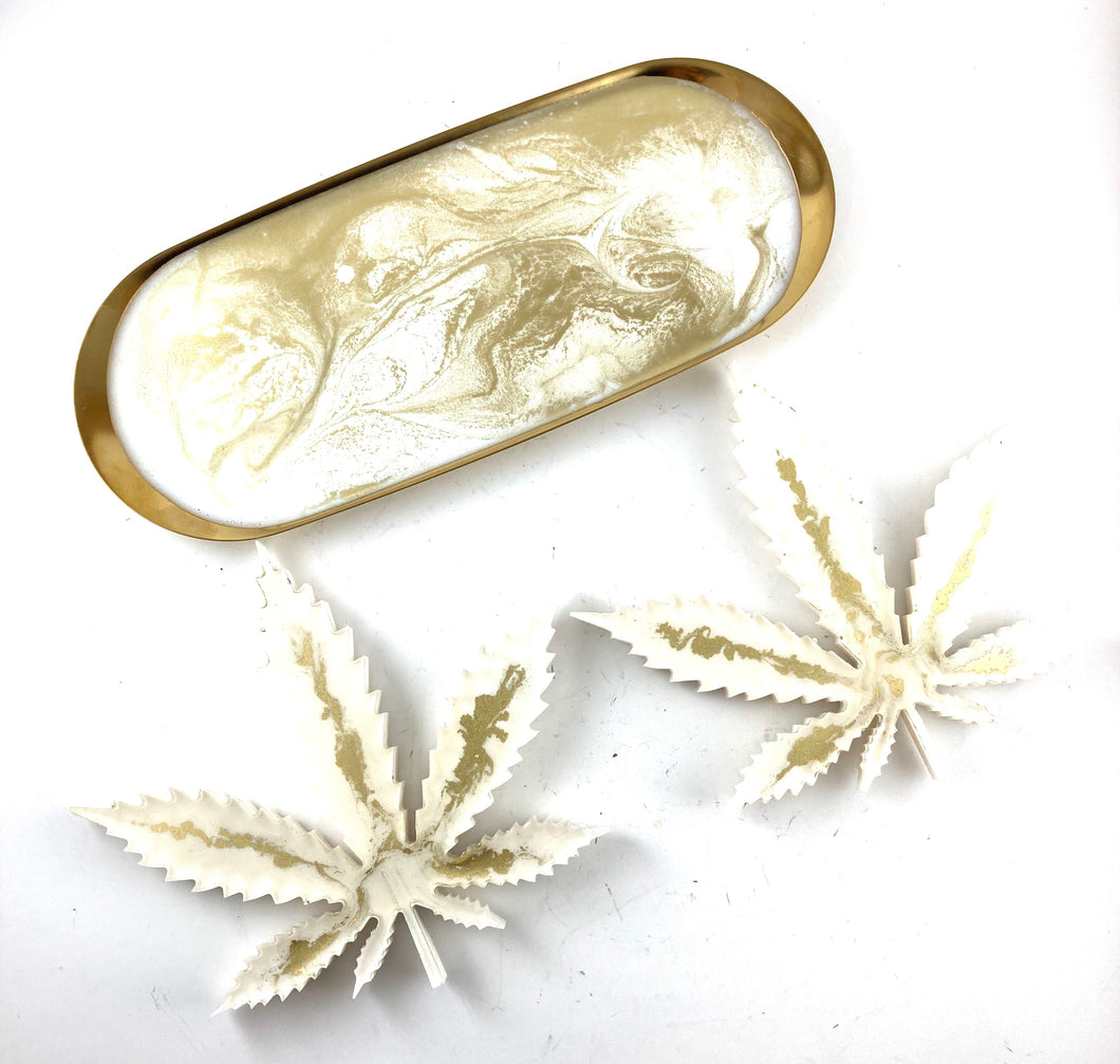 YN 3 Piece Rolling Tray and Coasters in White and Gold