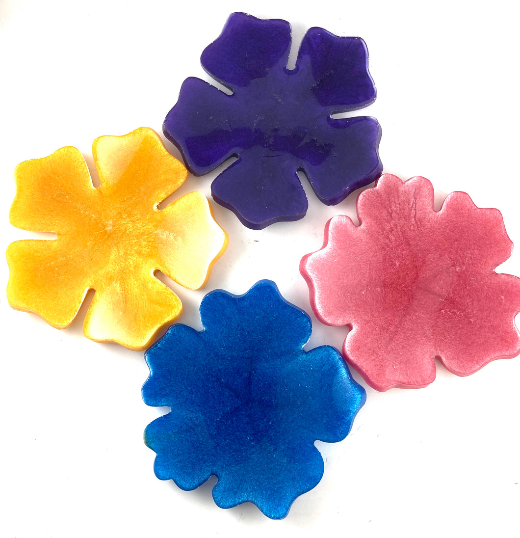 Flower Shaped Coasters in Hot PInk, Purple, Yellow, and Blue