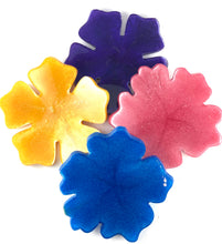 Load image into Gallery viewer, Flower Shaped Coasters in Hot PInk, Purple, Yellow, and Blue
