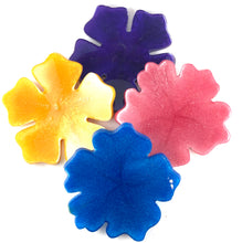 Load image into Gallery viewer, Flower Shaped Coasters in Hot PInk, Purple, Yellow, and Blue
