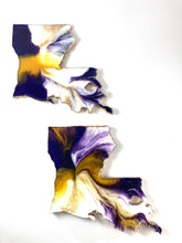 Load image into Gallery viewer, Louisiana Shaped Coasters in Purple, Gold, and White with Gold Trim
