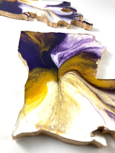 Load image into Gallery viewer, Louisiana Shaped Coasters in Purple, Gold, and White with Gold Trim
