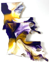 Load image into Gallery viewer, Louisiana Shaped Coasters in Purple, Gold, and White with Gold Trim
