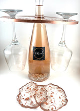 Load image into Gallery viewer, Wine and Glass Holder with Two Coasters in Clear with Rose Gold Accents and Trim
