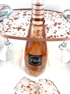 Wine and Glass Holder with Two Coasters in Clear with Rose Gold Accents and Trim