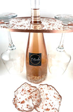 Load image into Gallery viewer, Wine and Glass Holder with Two Coasters in Clear with Rose Gold Accents and Trim
