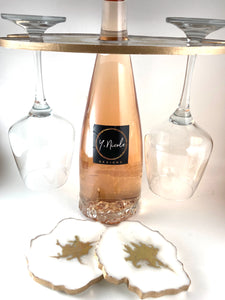 Wine and Glass Holder with two coasters in White and Gold