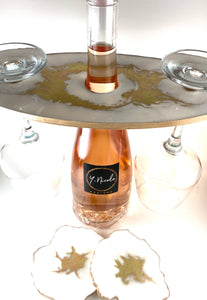 Wine and Glass Holder with two coasters in White and Gold