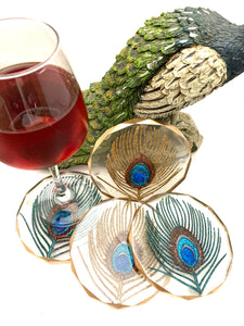 Rhombus Edge Peacock Coasters with Gold Trim