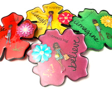 Load image into Gallery viewer, Flower Shaped &quot;Affirmation&quot; Coasters in Multiple Colors with Black Trim
