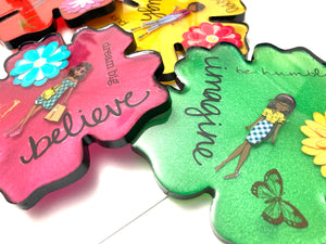 Flower Shaped "Affirmation" Coasters in Multiple Colors with Black Trim