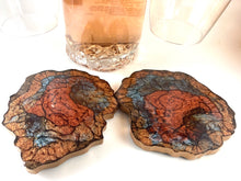 Load image into Gallery viewer, Wine and Glass Holder with Two Coasters in Browns, Gold, and Light Blue
