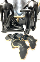 Load image into Gallery viewer, African Shaped Coasters in Black and White with Gold Trim
