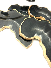 Load image into Gallery viewer, African Shaped Coasters in Black and White with Gold Trim
