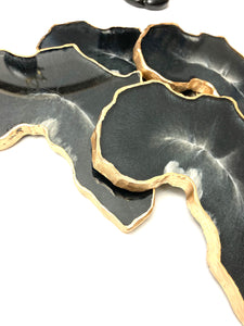 African Shaped Coasters in Black and White with Gold Trim